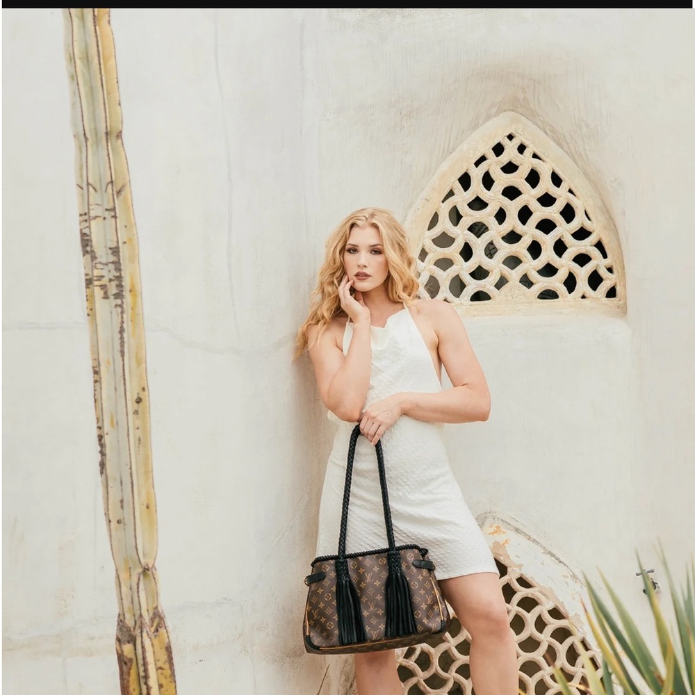 Louis Vuitton Brown Monogram Canvas Shoulder Bag with Black Braided Tassels - Picture 10 of 11